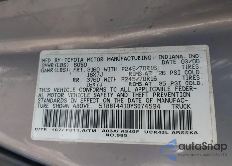 2000 Toyota Tundra Sr5 V8 из США, поврежденный, VIN 5TBBT4410YS074594